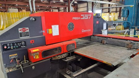 33 TON AMADA PEGA 357 TURRET PUNCH W/ FANUC 04PC,45 STATION, 4 A/I,MFG:1994